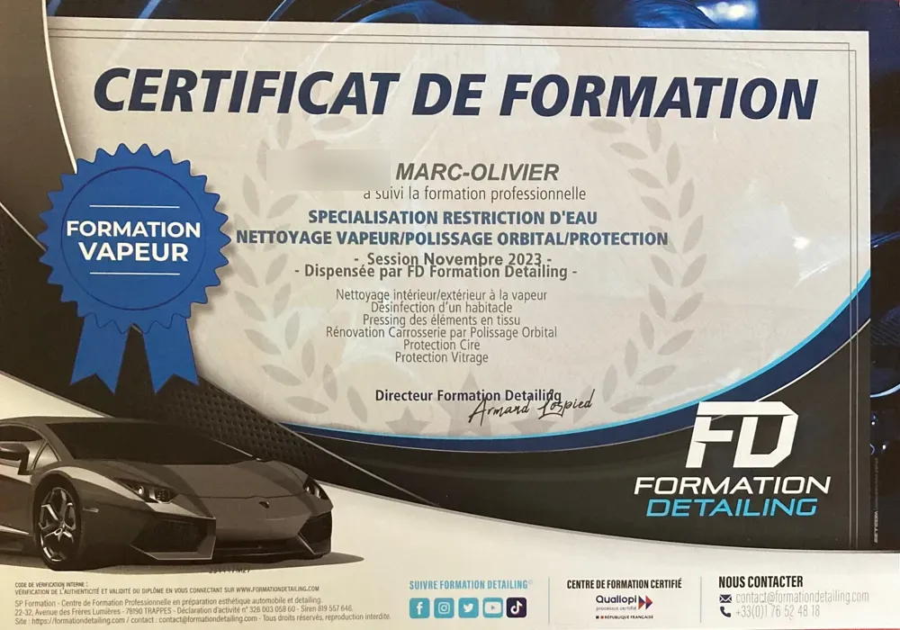 Certificat de formation professionnelle detailing de Marc-Olivier
